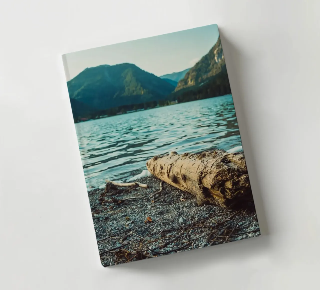 Old tree trunk on lake shore in picturesque mountain landscape notebook by Bold and Retro