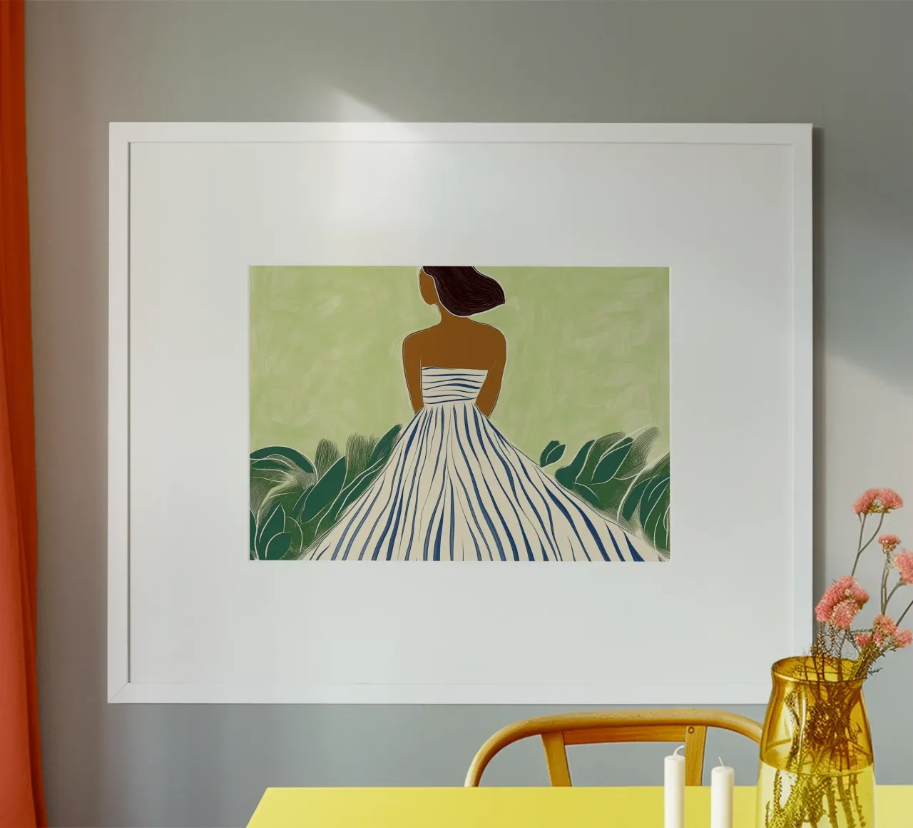 Donna elegante in abito a righe - Scena serena in giardino poster con telaio in alluminio da vintagepod