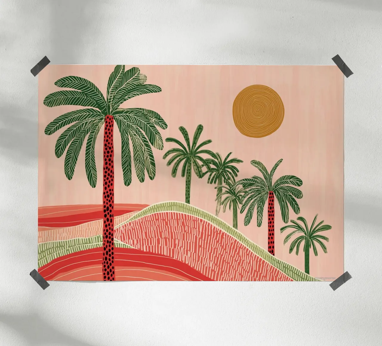 Paisaje boho con palmeras en el desierto - Escena abstracta al atardecer poster de vintagepod