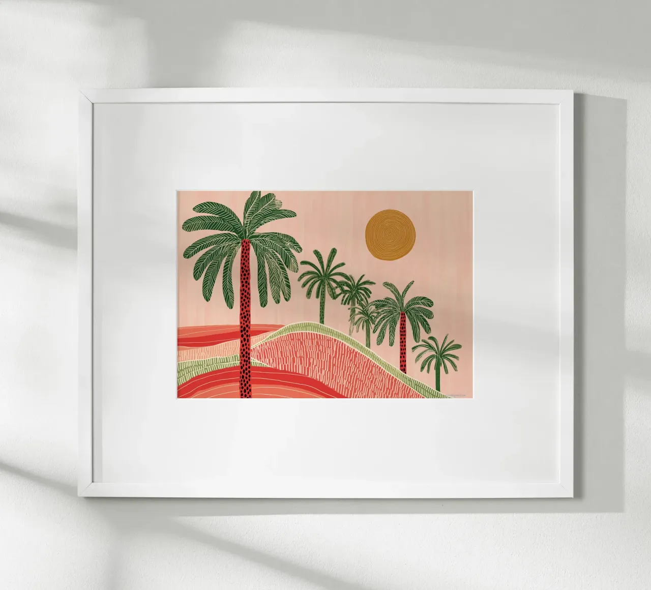 Paisaje boho con palmeras en el desierto - Escena abstracta al atardecer poster de vintagepod