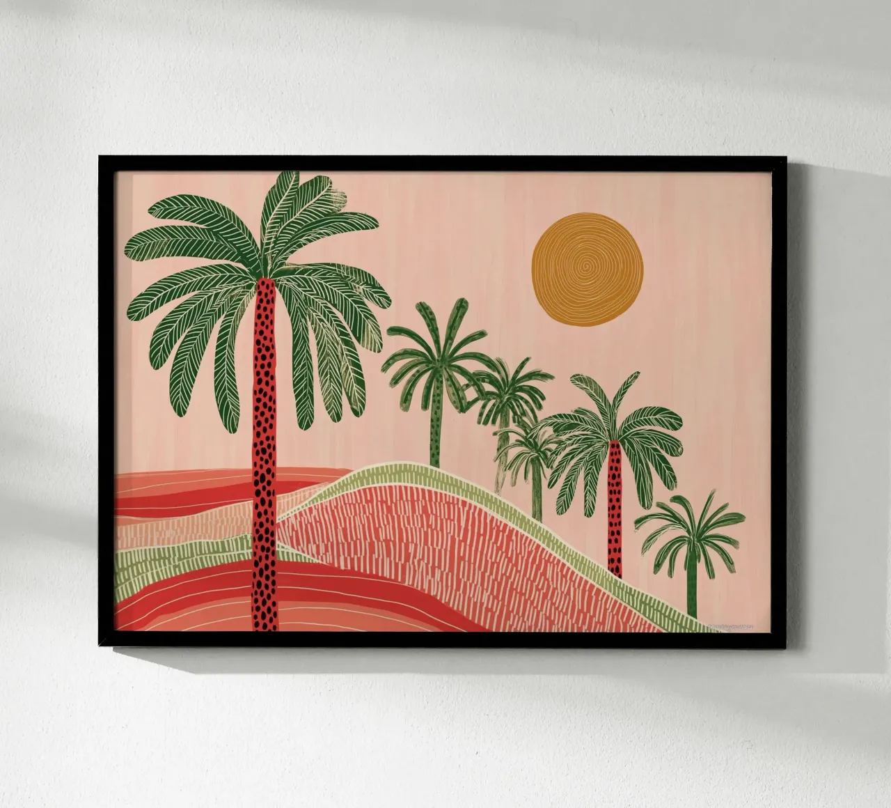 Paisaje boho con palmeras en el desierto - Escena abstracta al atardecer poster de vintagepod