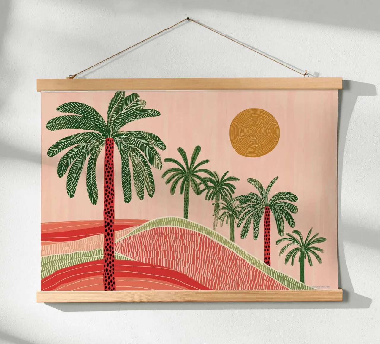 Paisaje boho con palmeras en el desierto - Escena abstracta al atardecer poster de vintagepod
