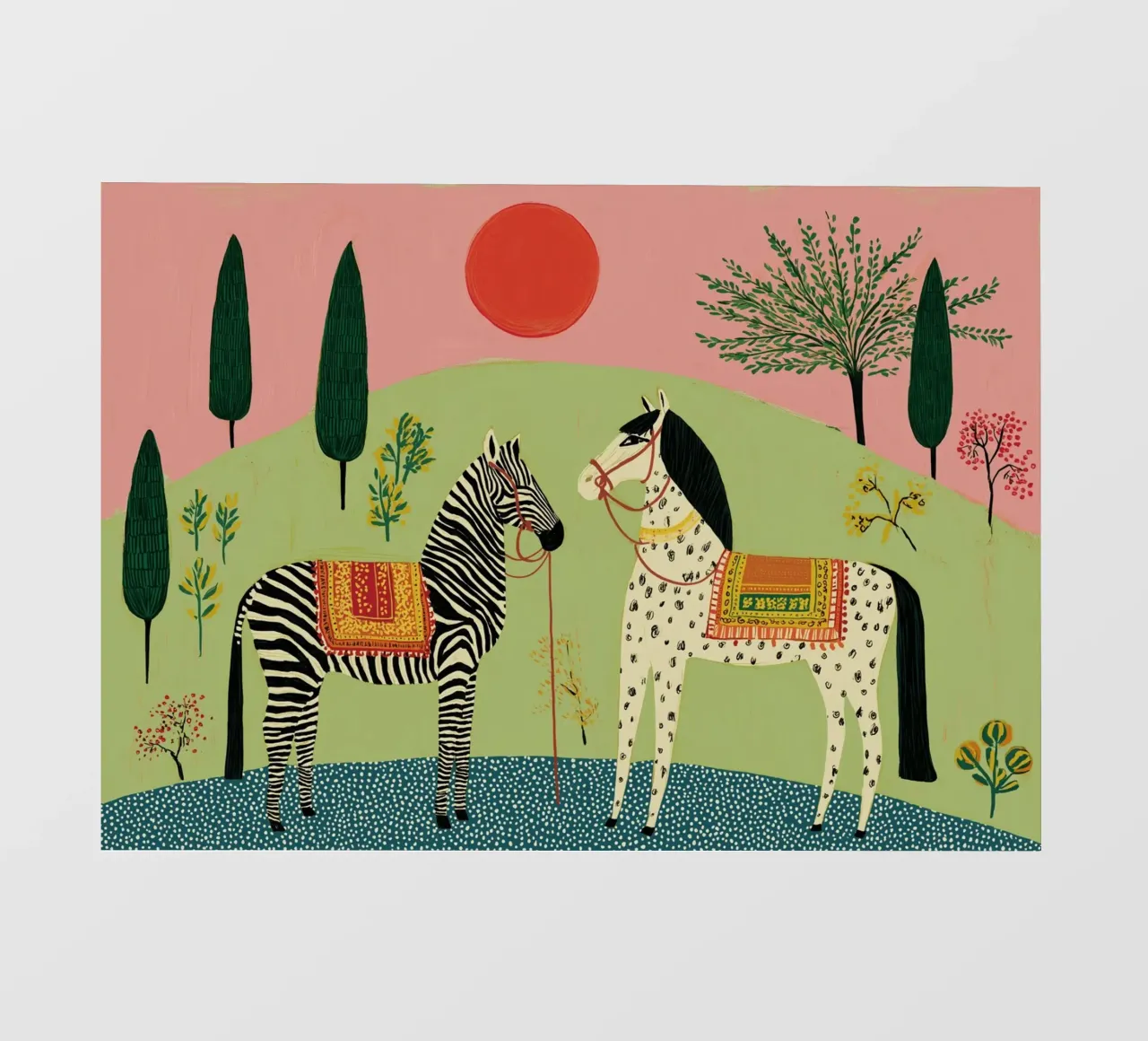 Zebra e cavallo in arte popolare - Scena di giardino mistica pellicola backlit da vintagepod