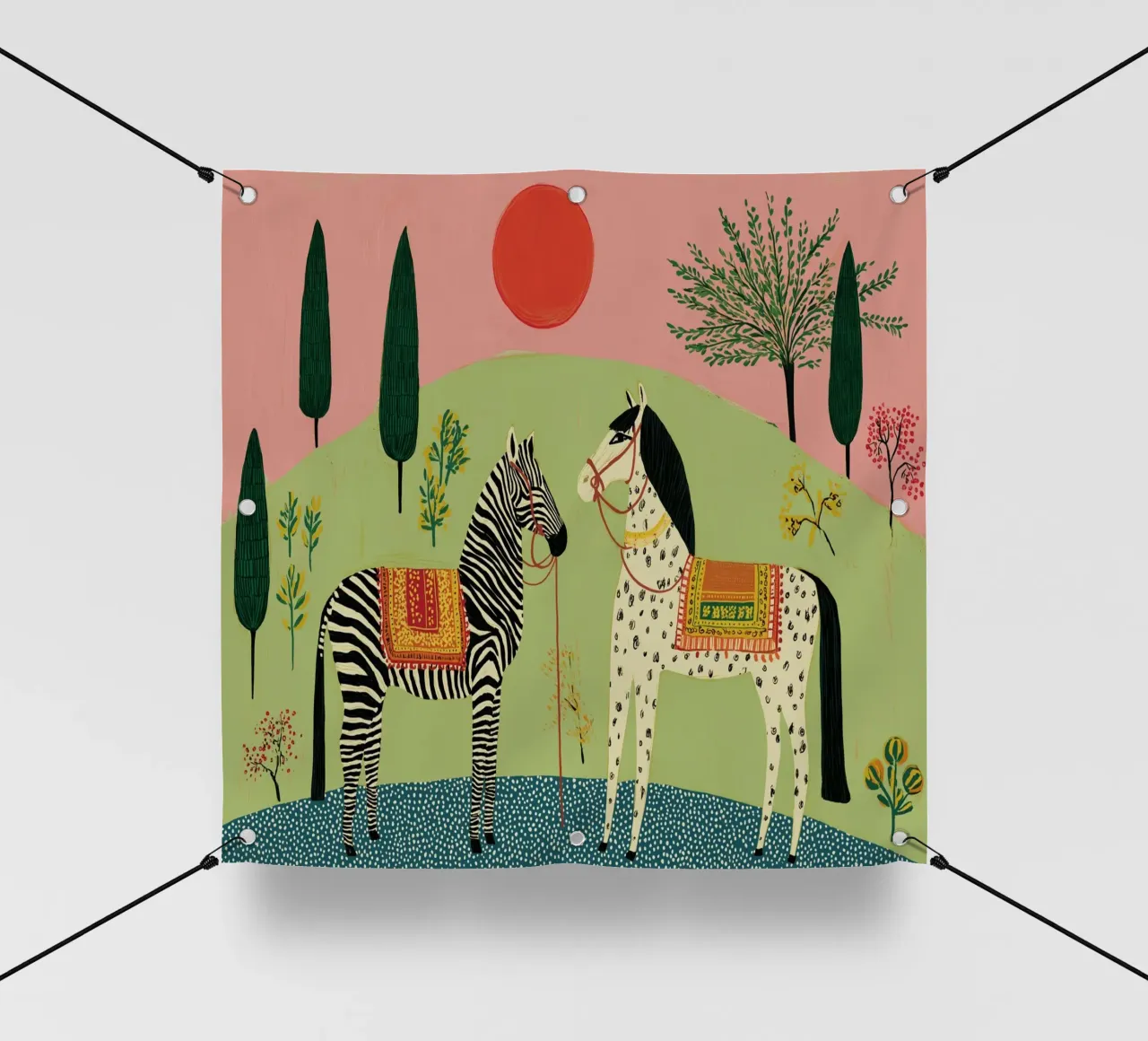 Zebra e cavallo in arte popolare - Scena di giardino mistica telo in pvc da vintagepod