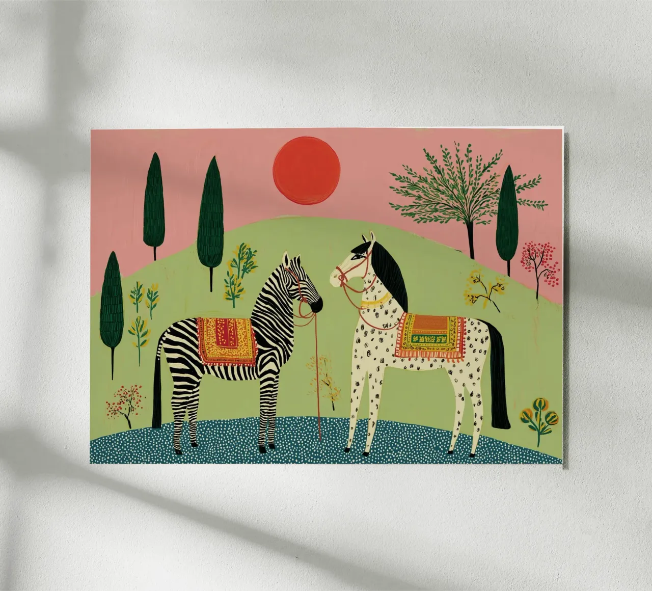 Zebra e cavallo in arte popolare - Scena di giardino mistica alluminio dibond da vintagepod