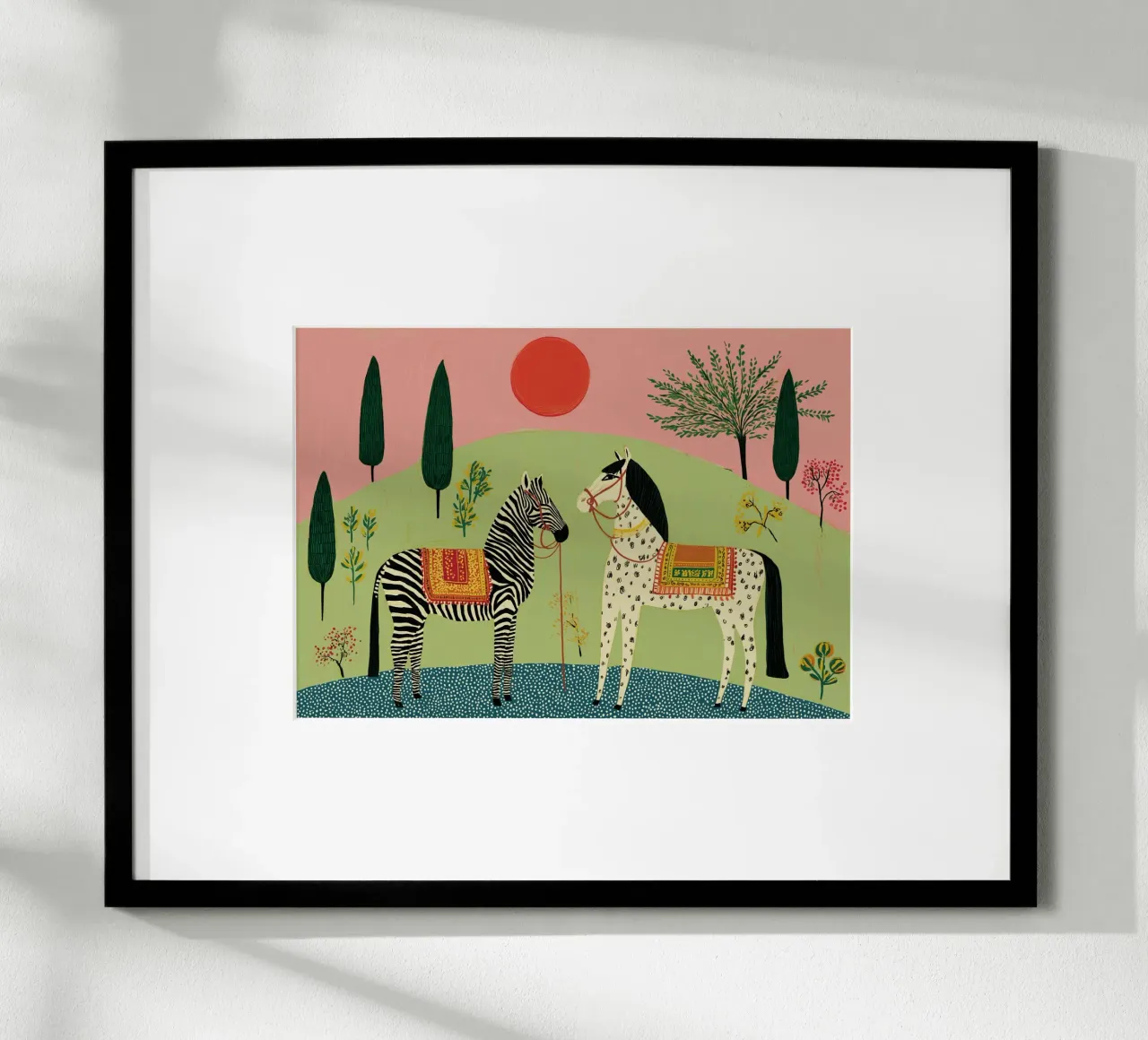 Folk Art Zebra & Pferd - Mystische Gartenszene Poster mit Holzrahmen von vintagepod