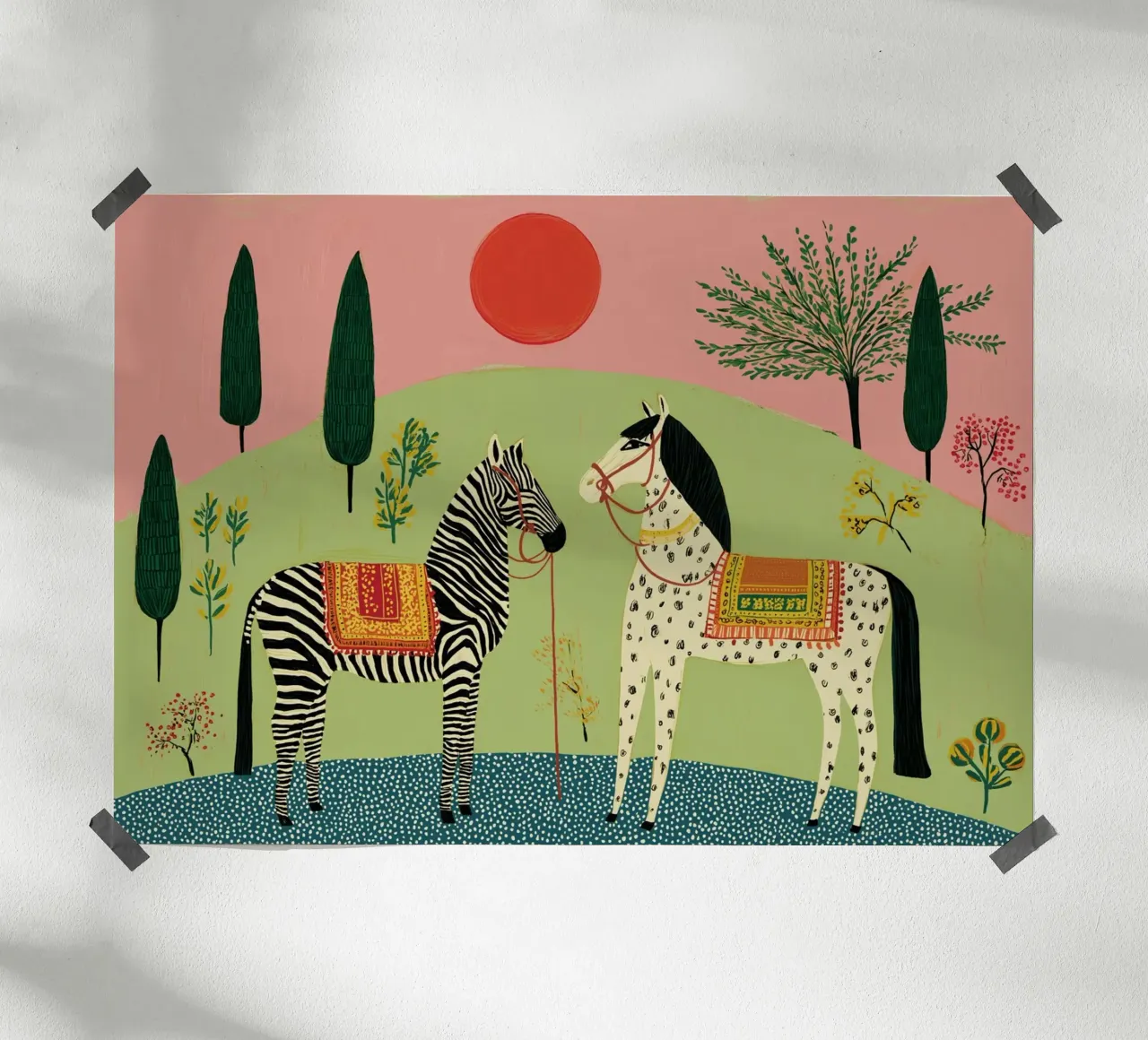 Folk Art Zebra & Pferd - Mystische Gartenszene Poster mit Holzrahmen von vintagepod