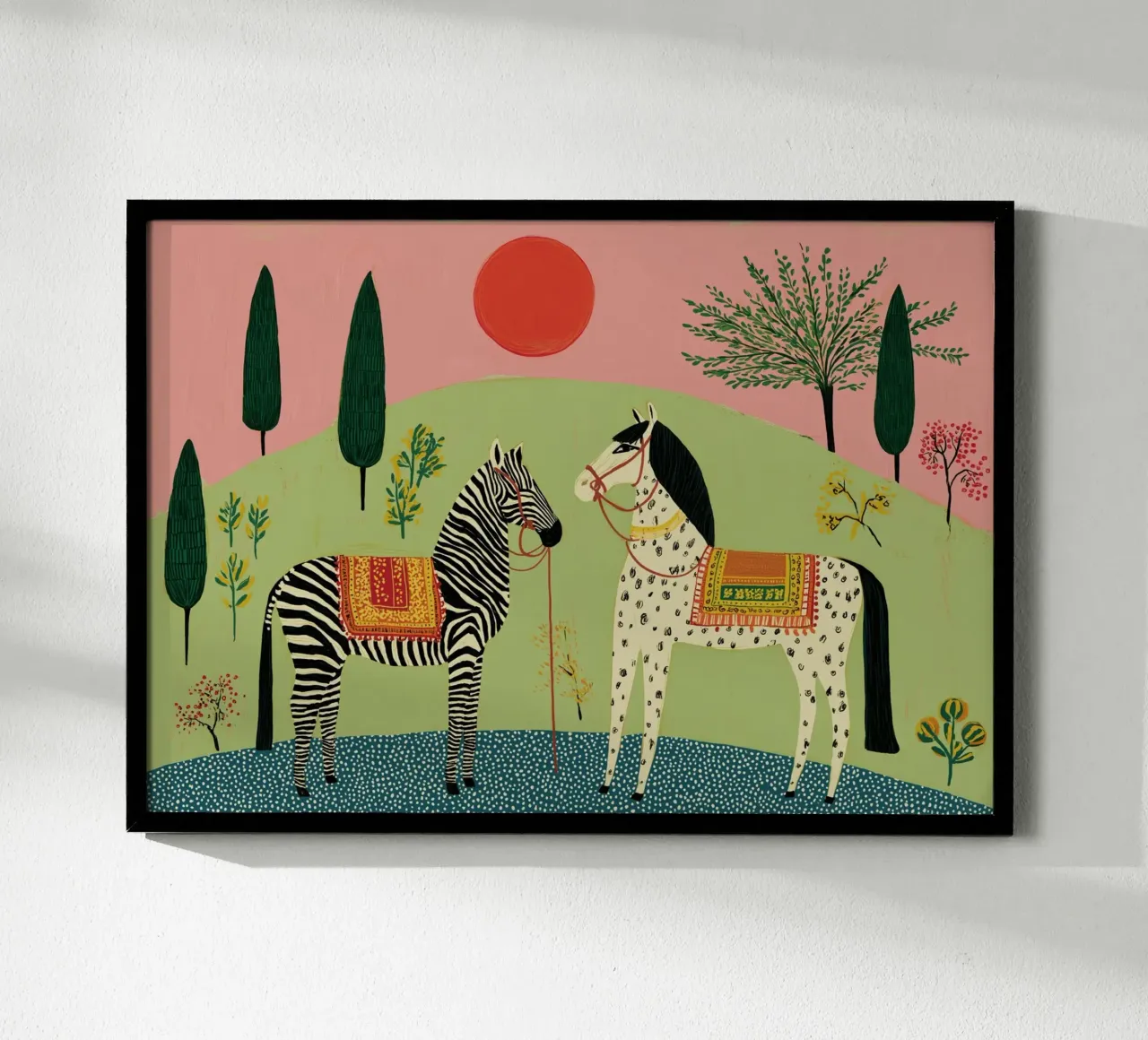 Folk Art Zebra & Pferd - Mystische Gartenszene Poster mit Holzrahmen von vintagepod
