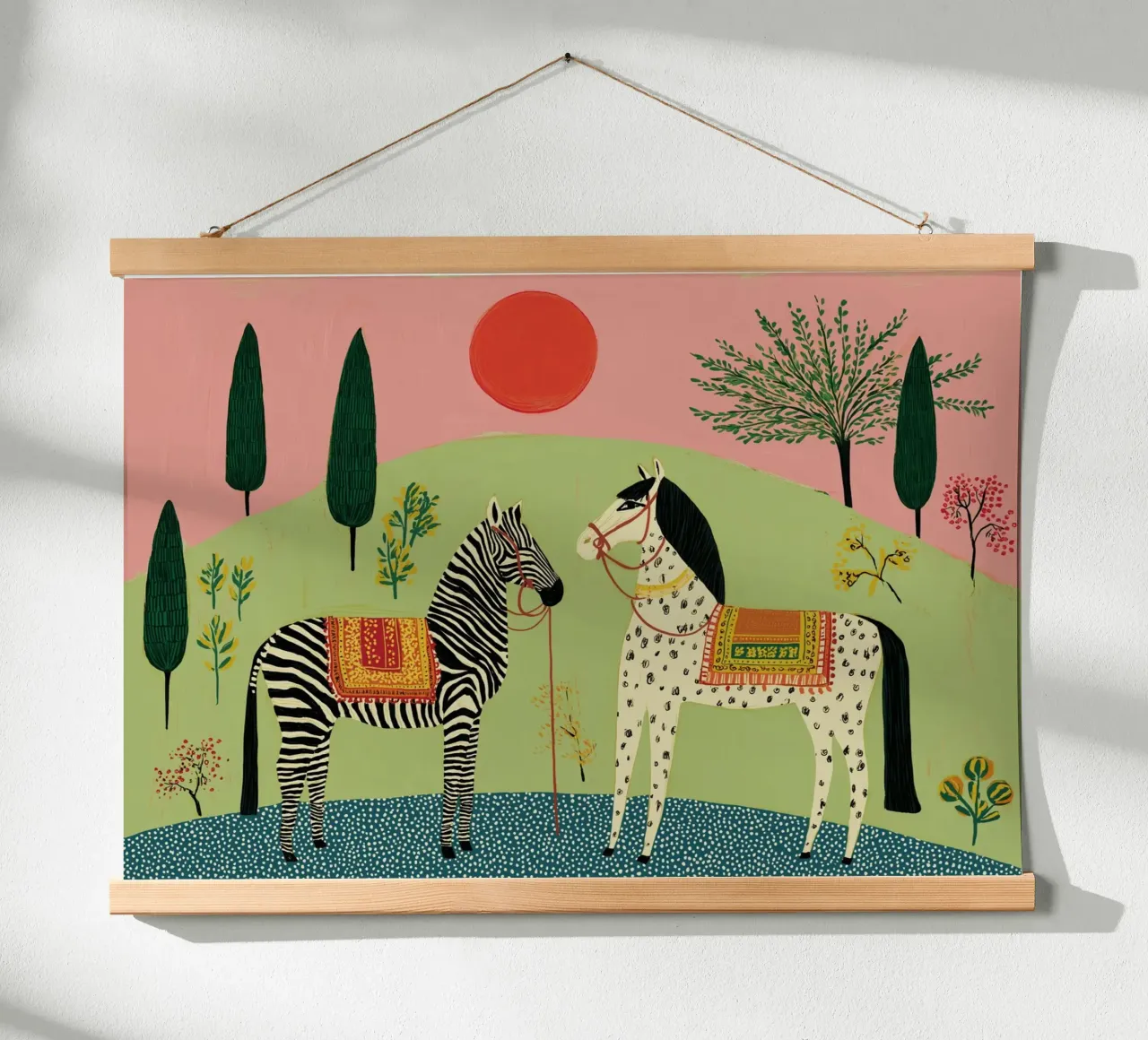 Folk Art Zebra & Pferd - Mystische Gartenszene Poster mit Holzrahmen von vintagepod