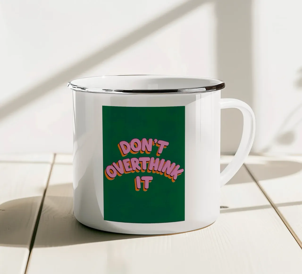 denk er niet te lang over na emaille mok van art quots shop