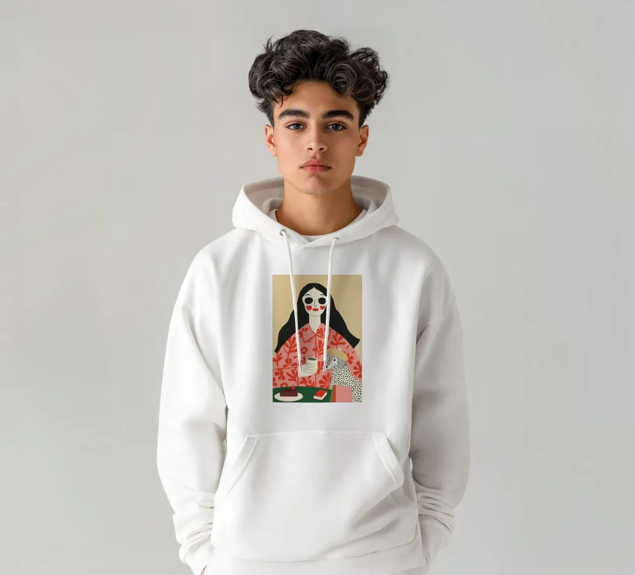 Mujer boho y dálmata en un café - Impresión artística original sudadera con capucha de vintagepod