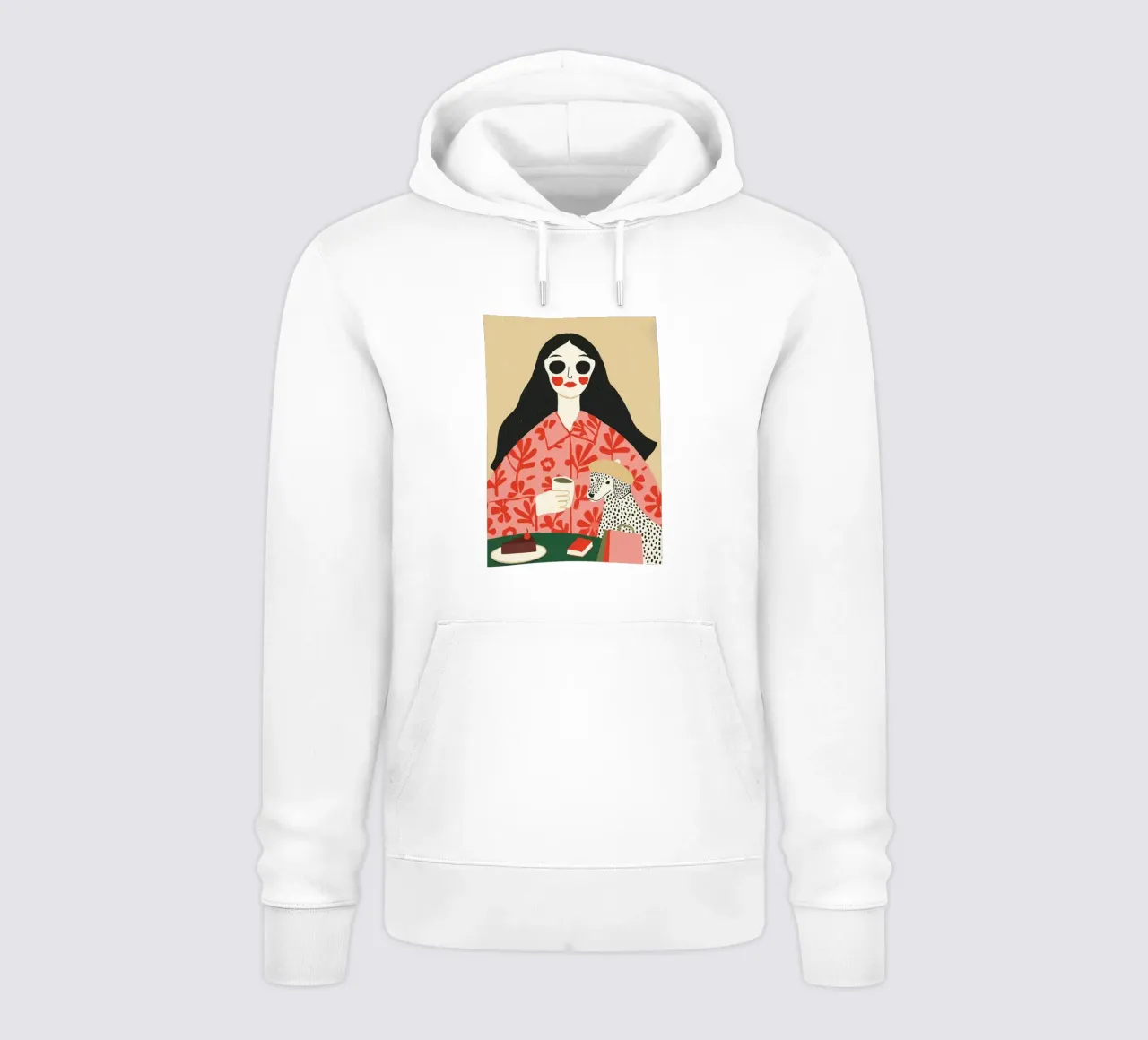 Mujer boho y dálmata en un café - Impresión artística original sudadera con capucha de vintagepod