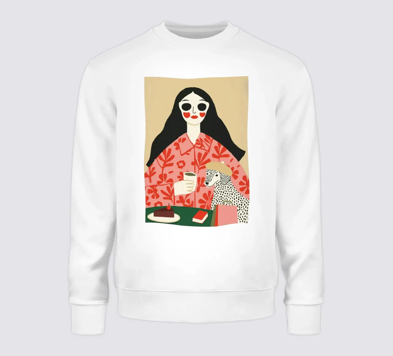Mujer boho y dálmata en un café - Impresión artística original sudadera de vintagepod