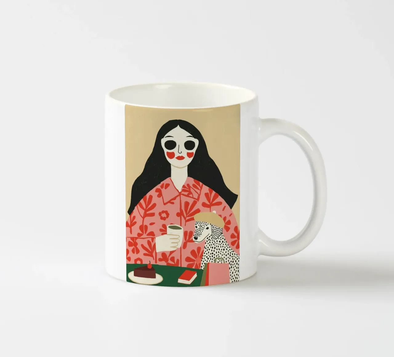 Boho Vrouw & Dalmatiër Cafe Scène - Eigenzinnige Kunstdruk keramische mok van vintagepod