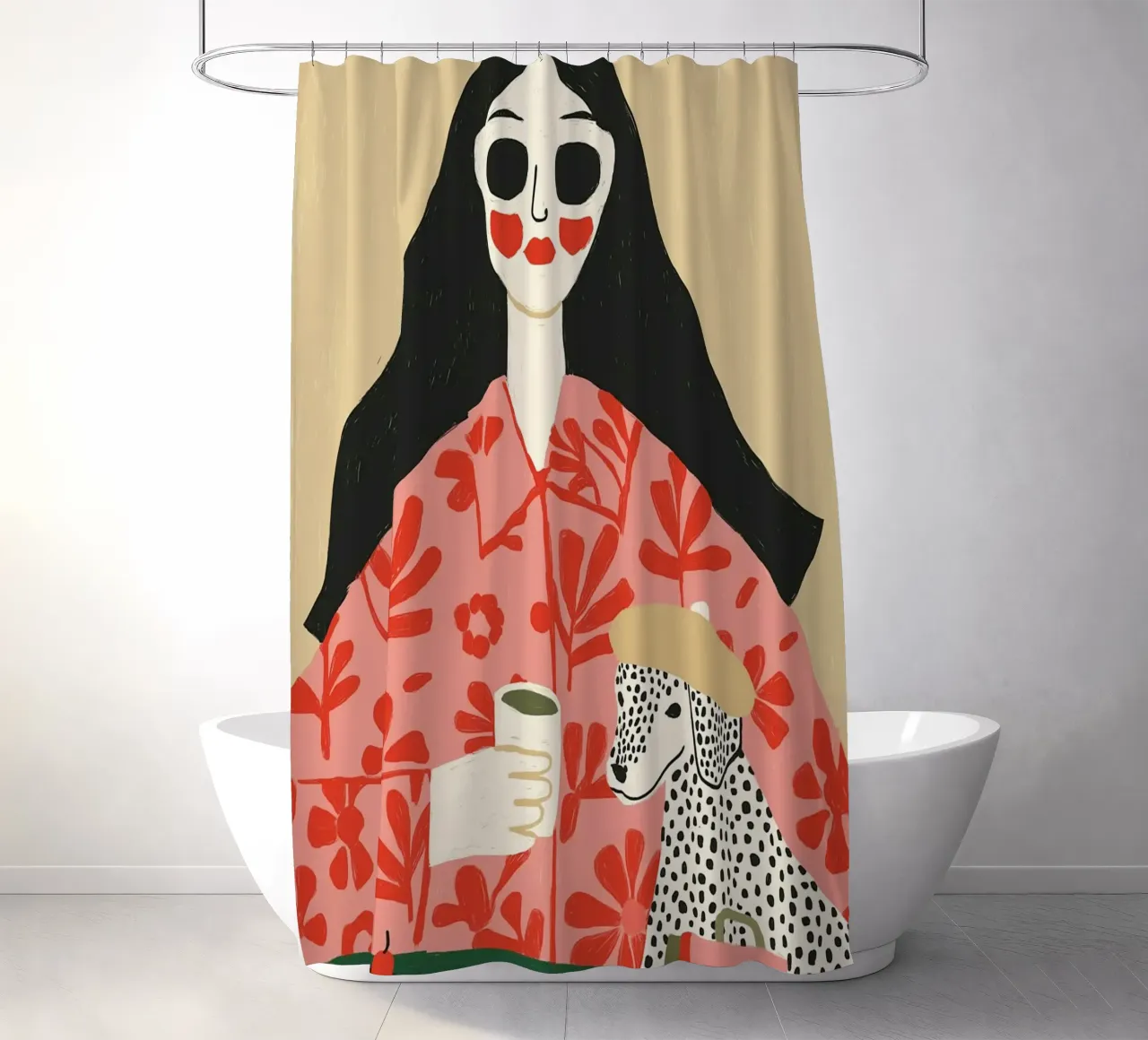 Boho Vrouw & Dalmatiër Cafe Scène - Eigenzinnige Kunstdruk douchegordijn van vintagepod