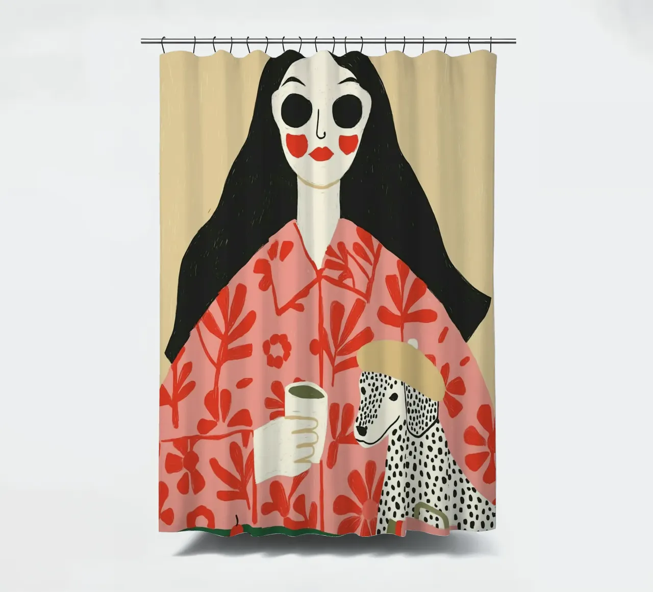 Boho Vrouw & Dalmatiër Cafe Scène - Eigenzinnige Kunstdruk douchegordijn van vintagepod