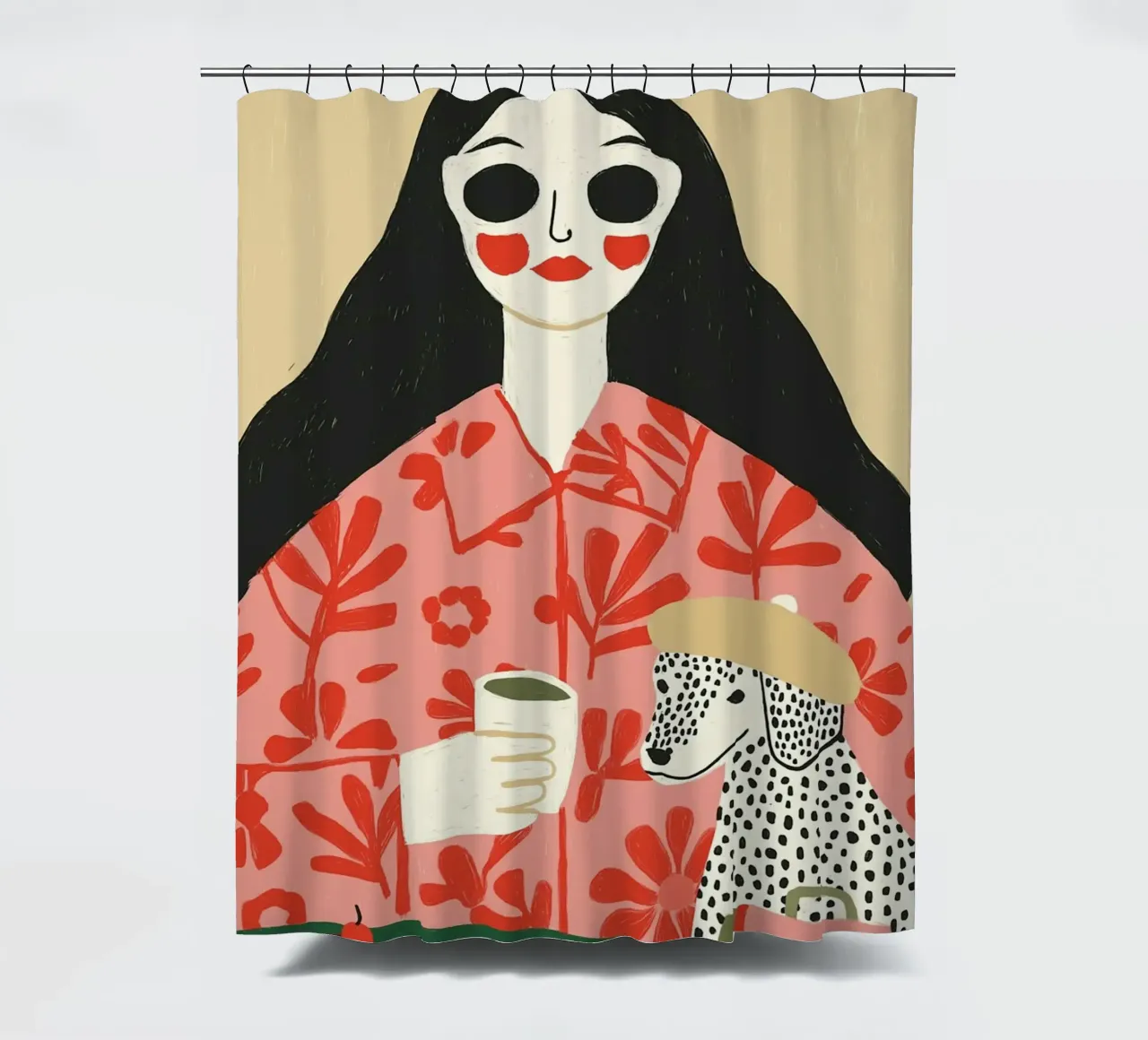 Boho Vrouw & Dalmatiër Cafe Scène - Eigenzinnige Kunstdruk douchegordijn van vintagepod