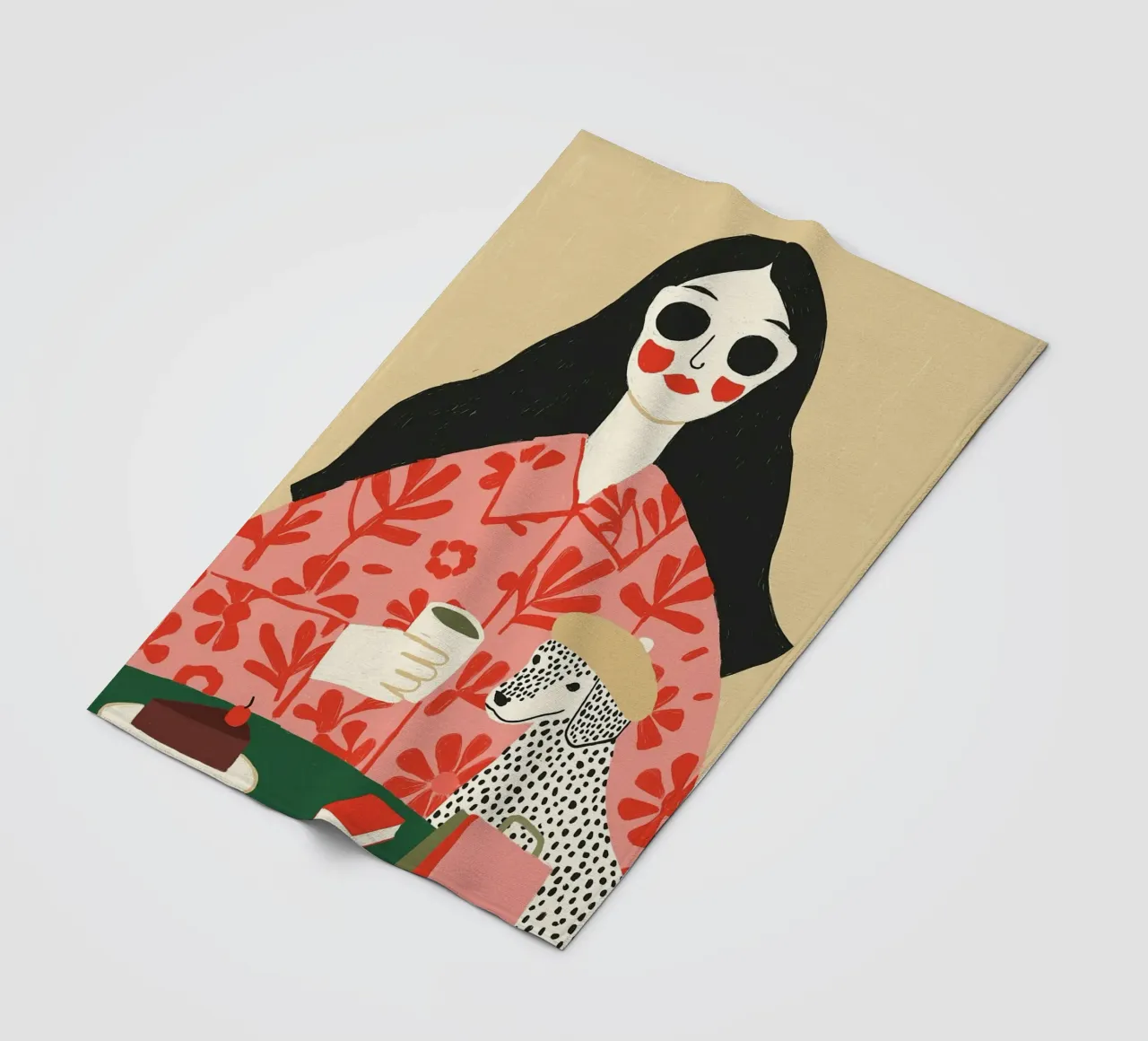 Donna bohémienne e dalmata al caffè - Stampa d'arte eccentrica coperta in pile da vintagepod
