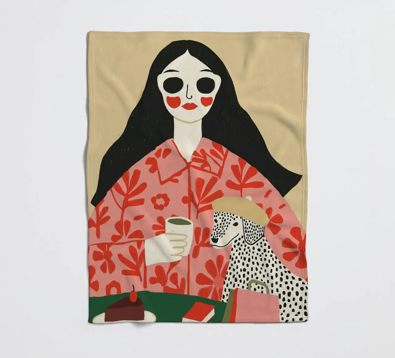 Donna bohémienne e dalmata al caffè - Stampa d'arte eccentrica coperta in pile da vintagepod