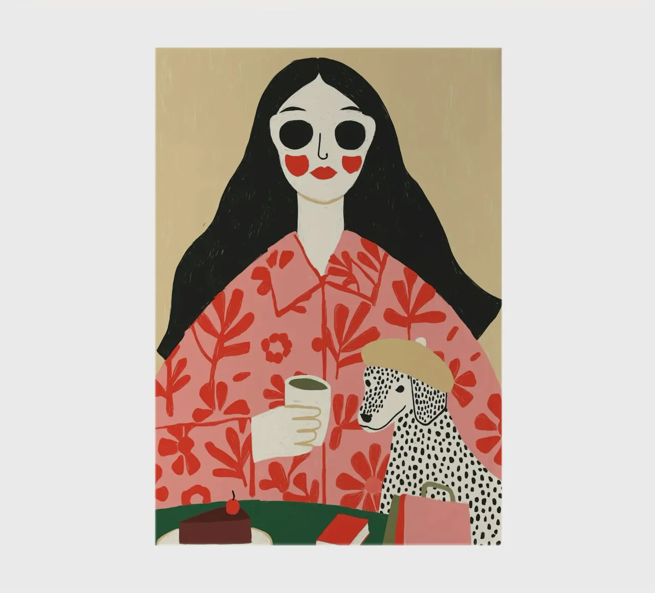 Boho Woman & Dalmatian Cafe Scene - Quirky Art Print notebook by vintagepod