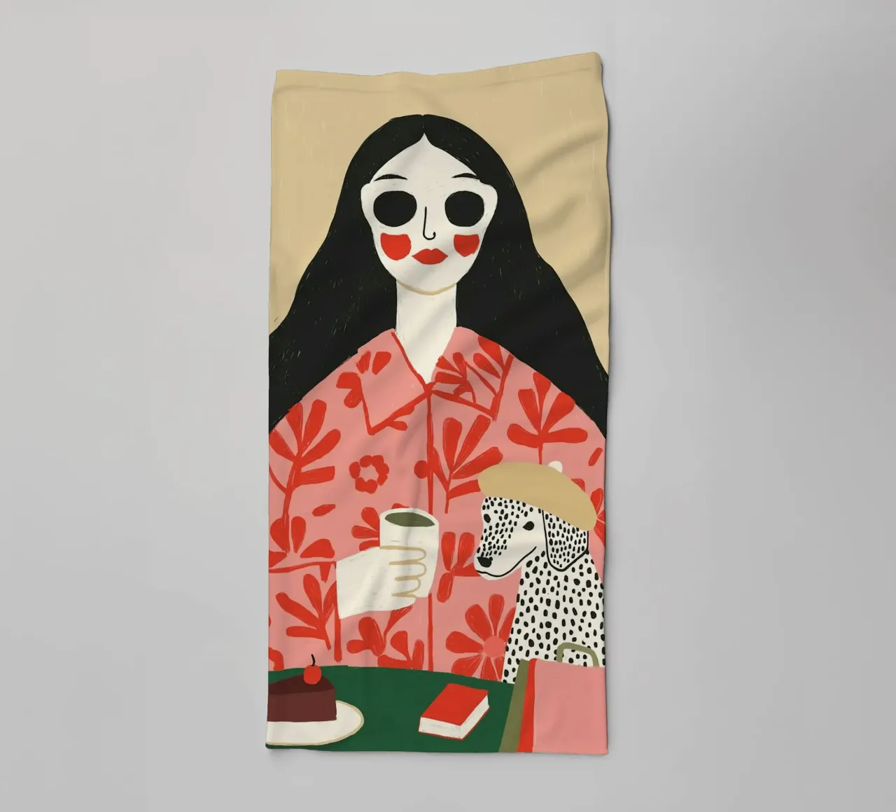 Boho Frau & Dalmatiner Cafe Szene - Quirky Kunstdruck Handtuch von vintagepod