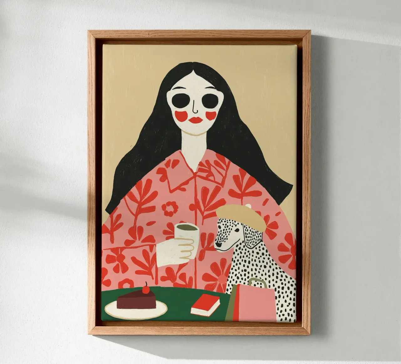 Boho Frau & Dalmatiner Cafe Szene - Quirky Kunstdruck Leinwand von vintagepod