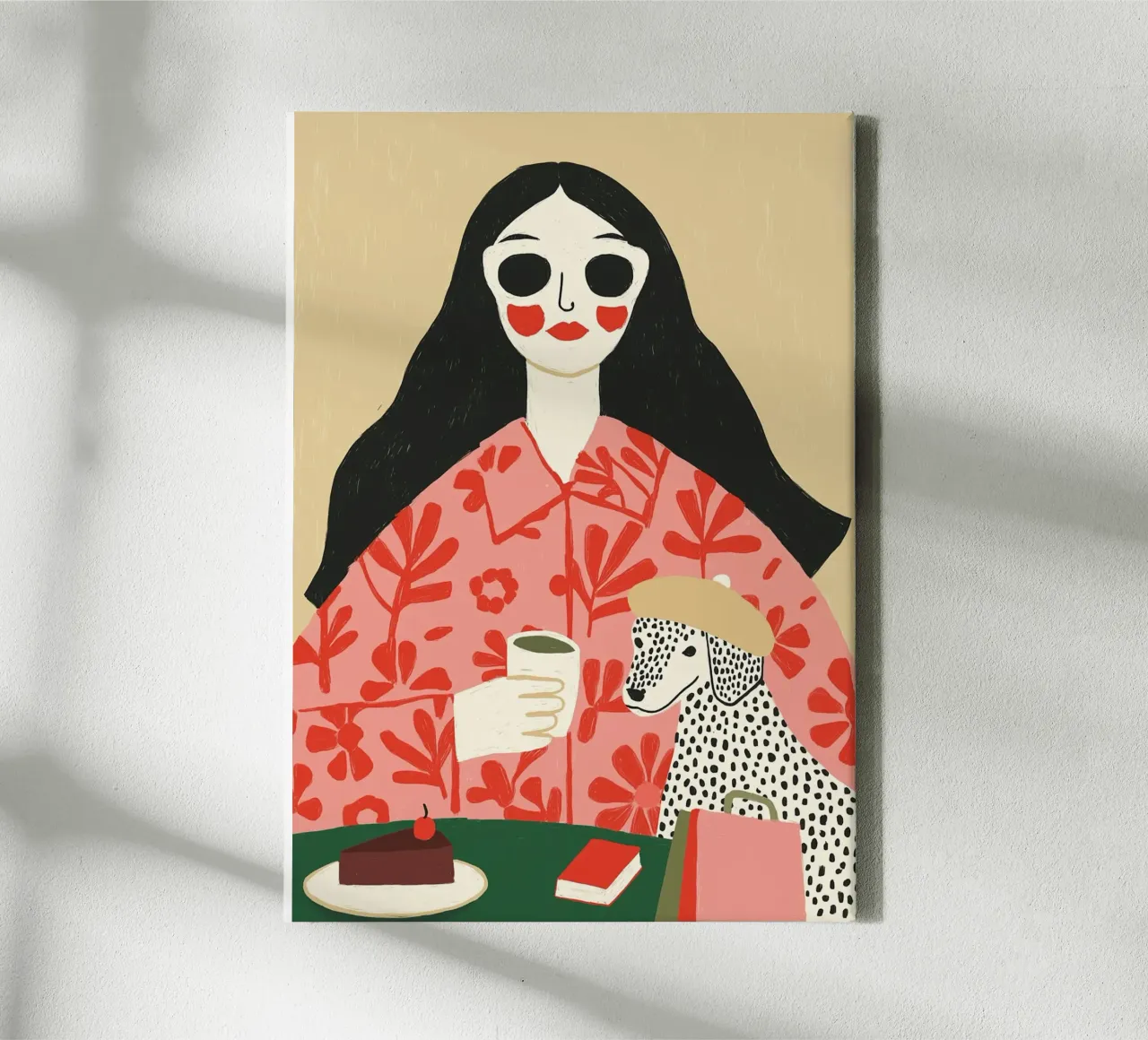 Boho Frau & Dalmatiner Cafe Szene - Quirky Kunstdruck Leinwand von vintagepod