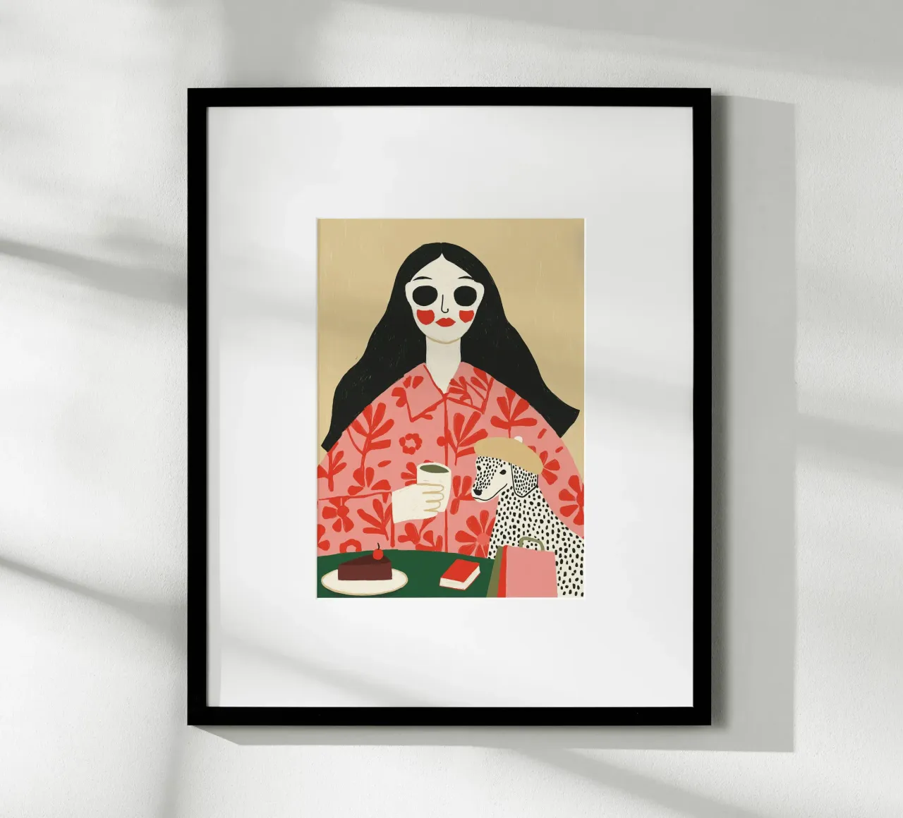 Boho Frau & Dalmatiner Cafe Szene - Quirky Kunstdruck Poster von vintagepod