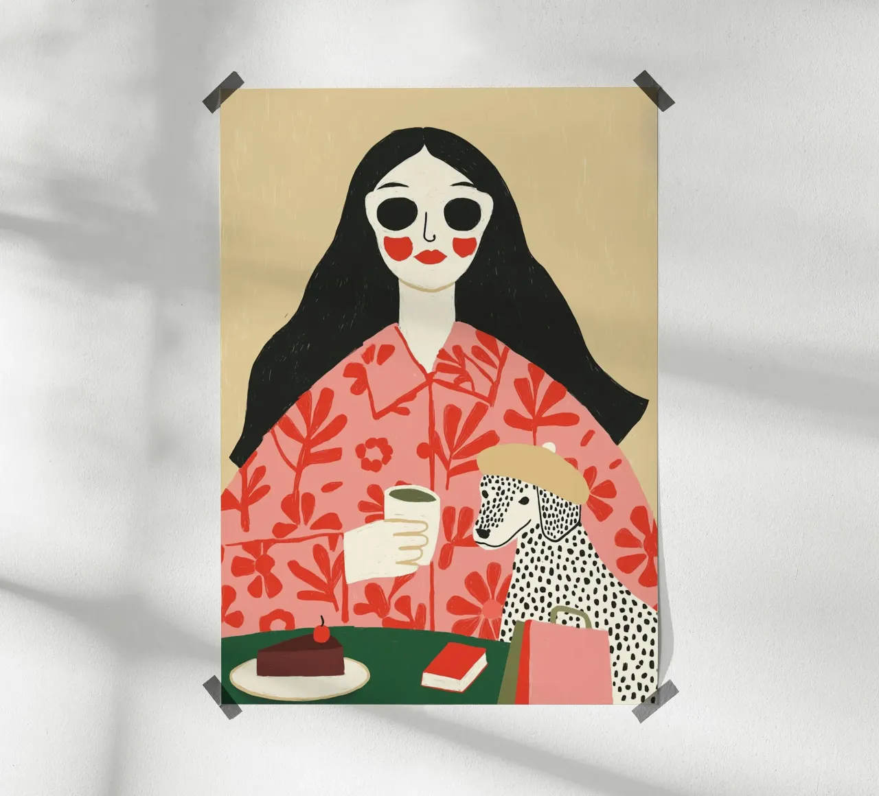 Boho Frau & Dalmatiner Cafe Szene - Quirky Kunstdruck Poster von vintagepod