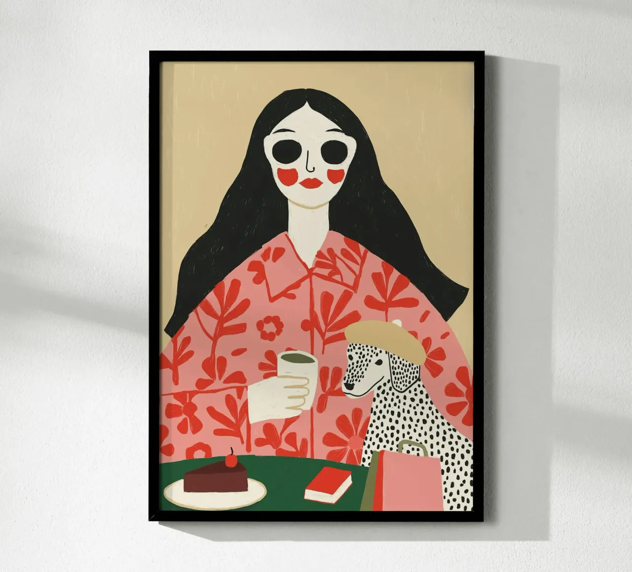 Boho Frau & Dalmatiner Cafe Szene - Quirky Kunstdruck Poster von vintagepod