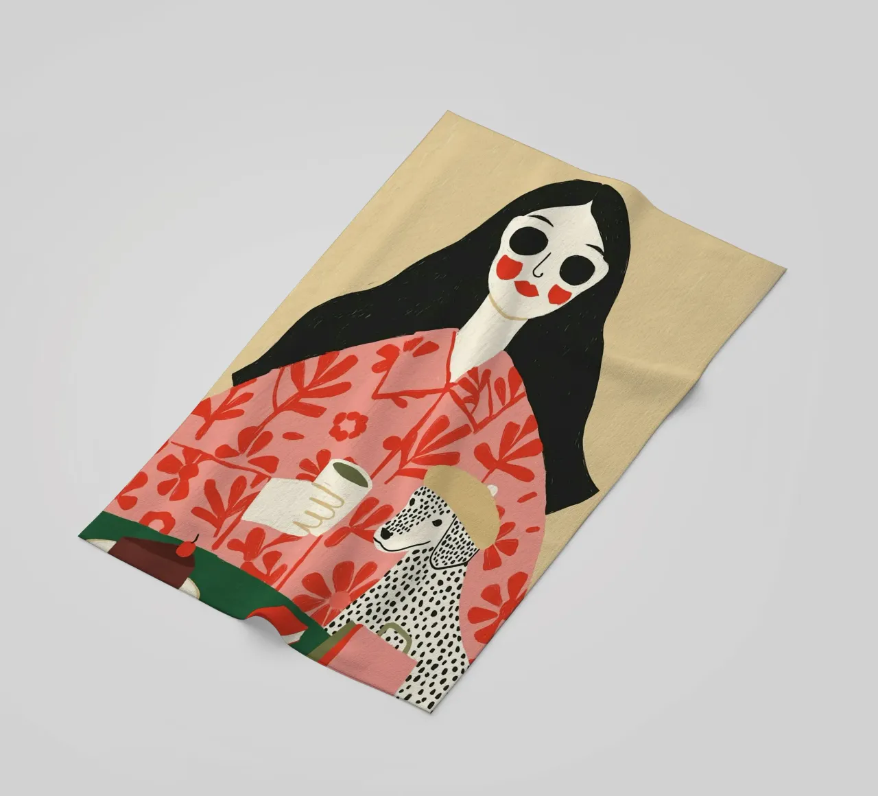 Boho Frau & Dalmatiner Cafe Szene - Quirky Kunstdruck Strandtuch von vintagepod