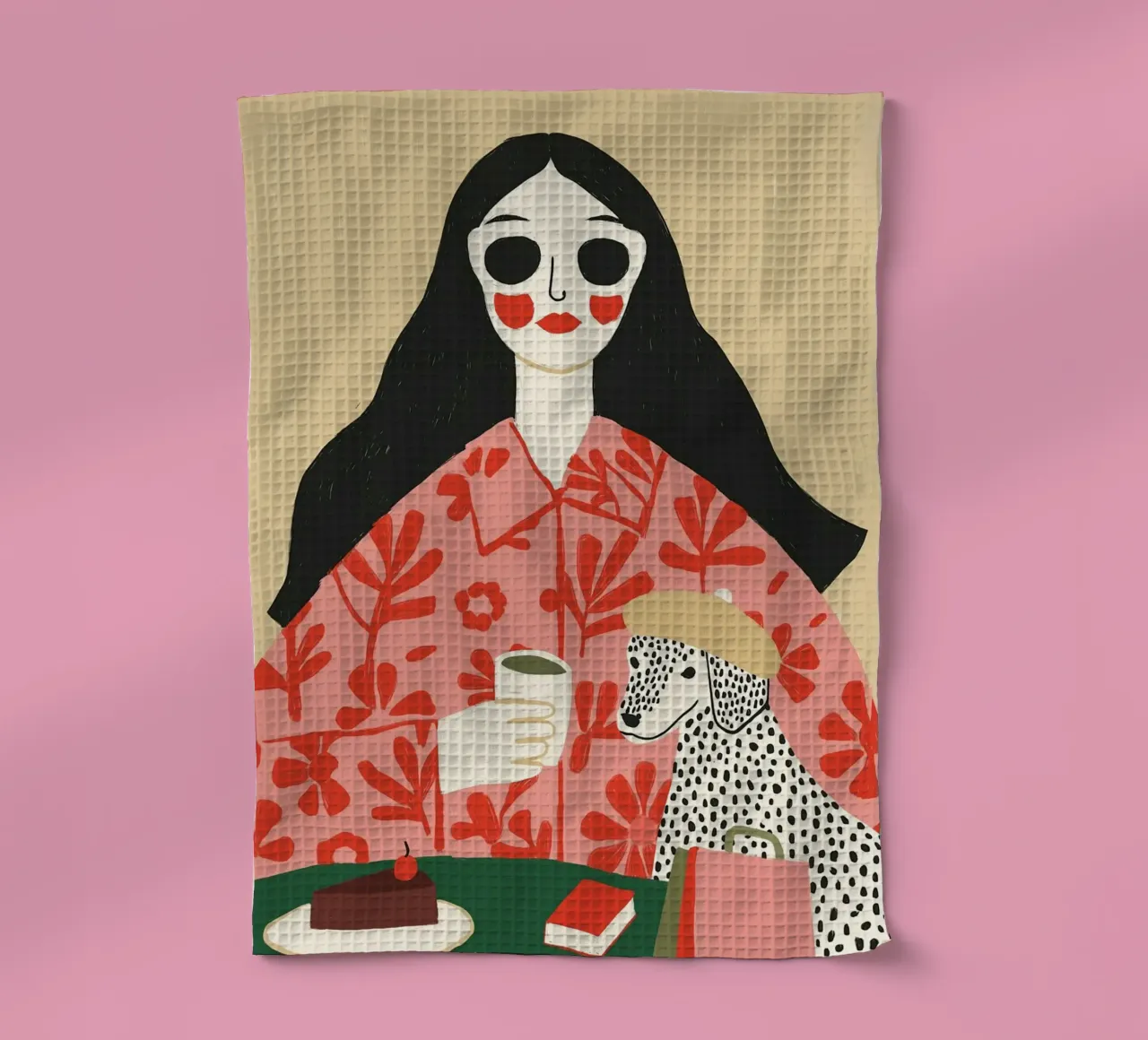 Boho Frau & Dalmatiner Cafe Szene - Quirky Kunstdruck Geschirrtuch von vintagepod