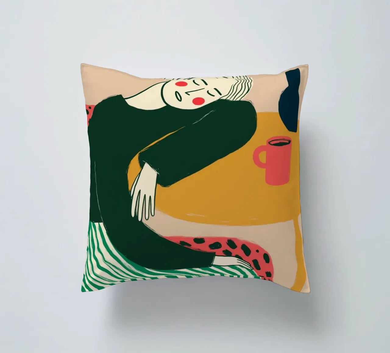 Boho vrouw rustend - Café Comfort Art Print kussen van vintagepod