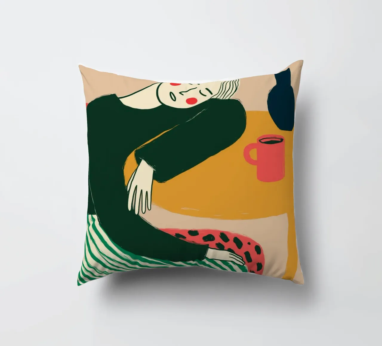 Boho vrouw rustend - Café Comfort Art Print kussen van vintagepod