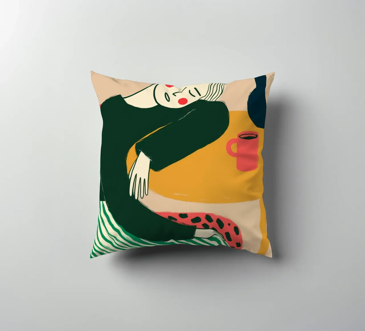 Boho vrouw rustend - Café Comfort Art Print kussen van vintagepod