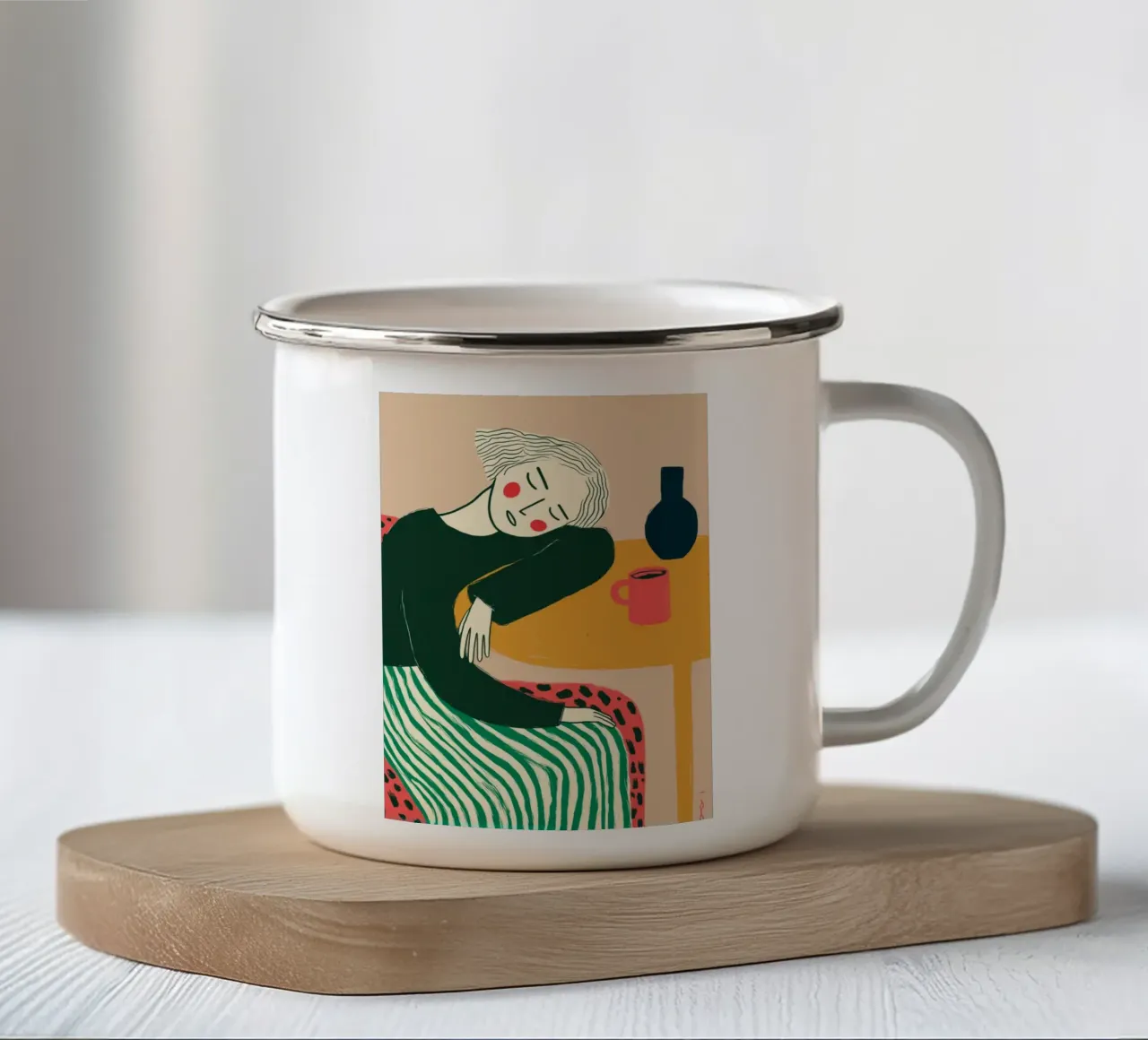 Boho vrouw rustend - Café Comfort Art Print emaille mok van vintagepod
