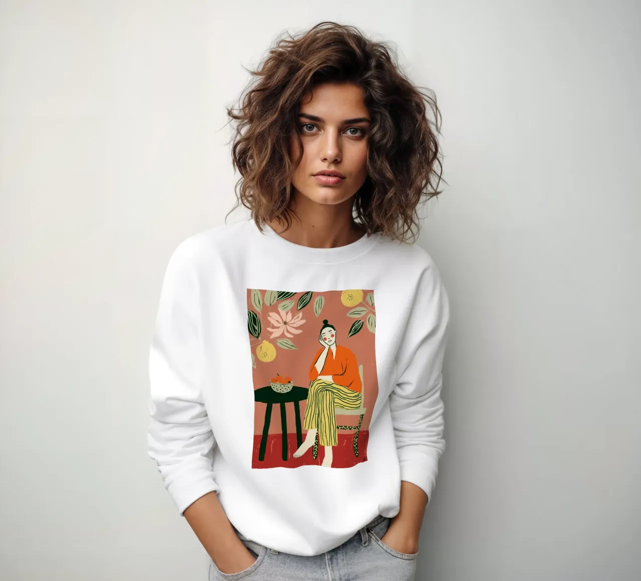 Boho vrouw rustend - Interieur botanische scène sweatshirt van vintagepod
