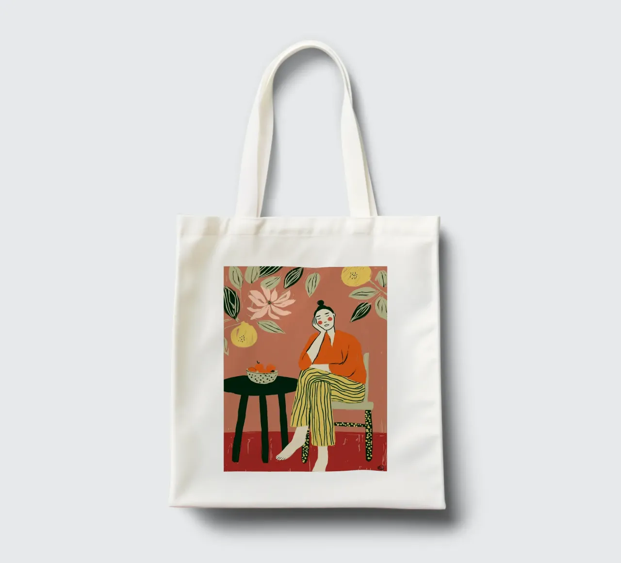 Boho vrouw rustend - Interieur botanische scène jute draagtas van vintagepod