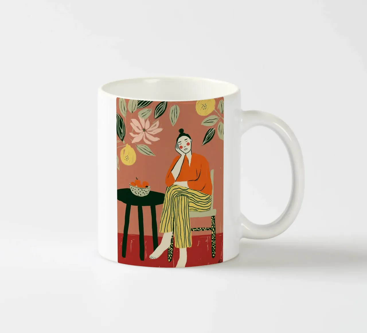 Boho vrouw rustend - Interieur botanische scène keramische mok van vintagepod