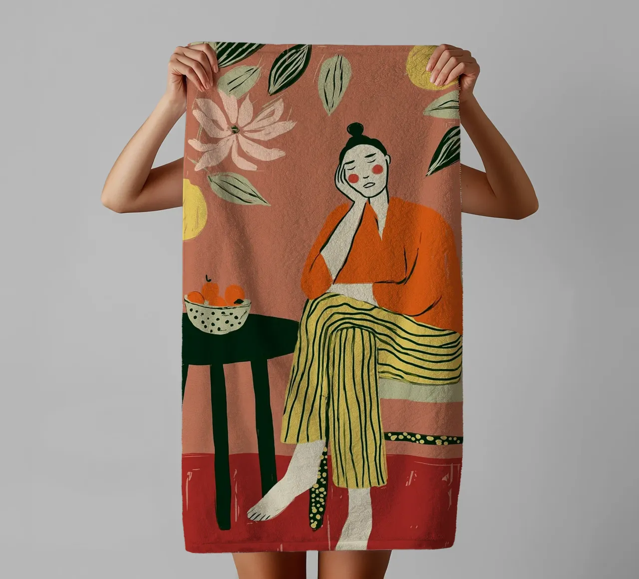 Boho vrouw rustend - Interieur botanische scène badhanddoek van vintagepod