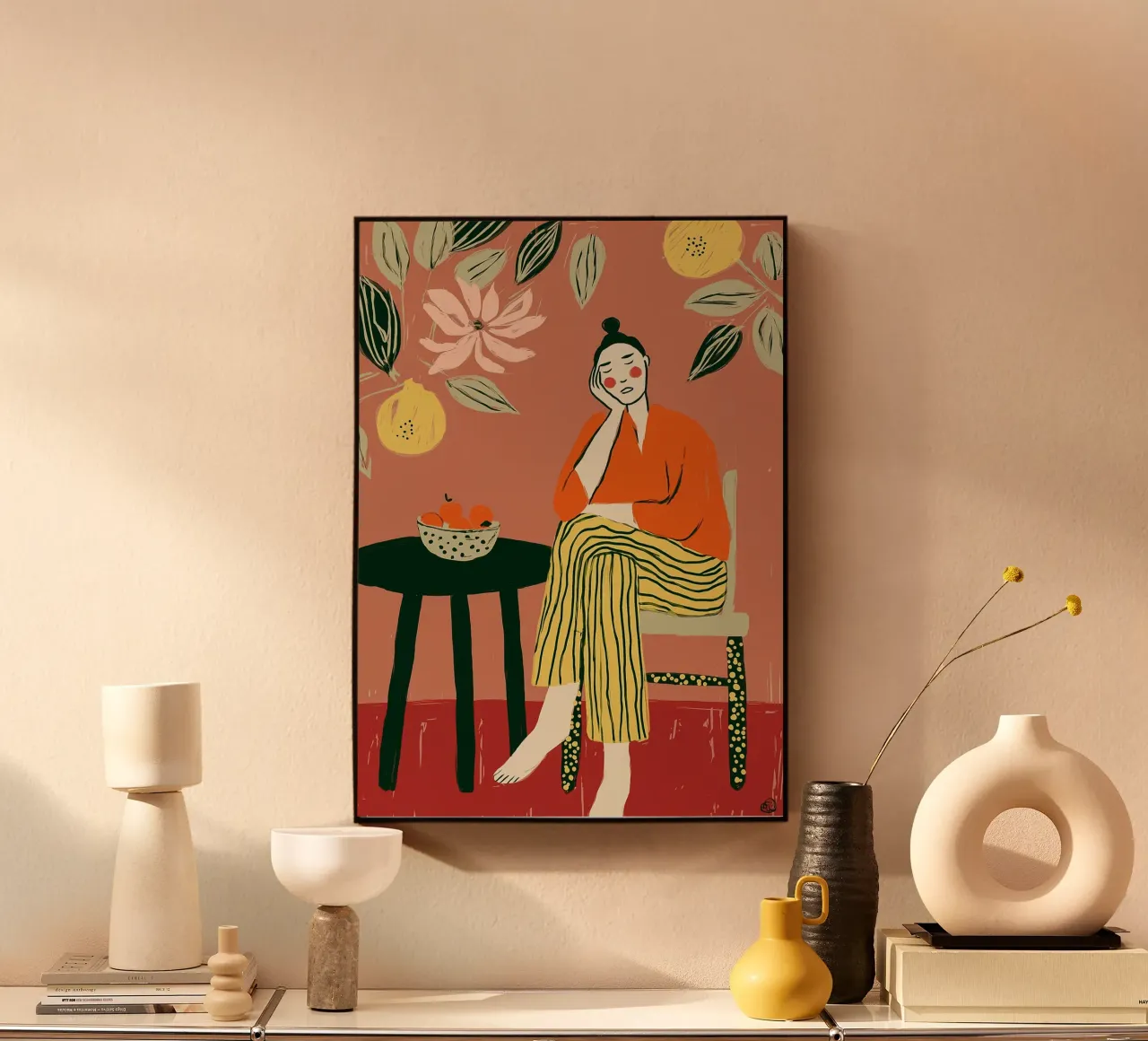 Boho vrouw rustend - Interieur botanische scène acryl van vintagepod
