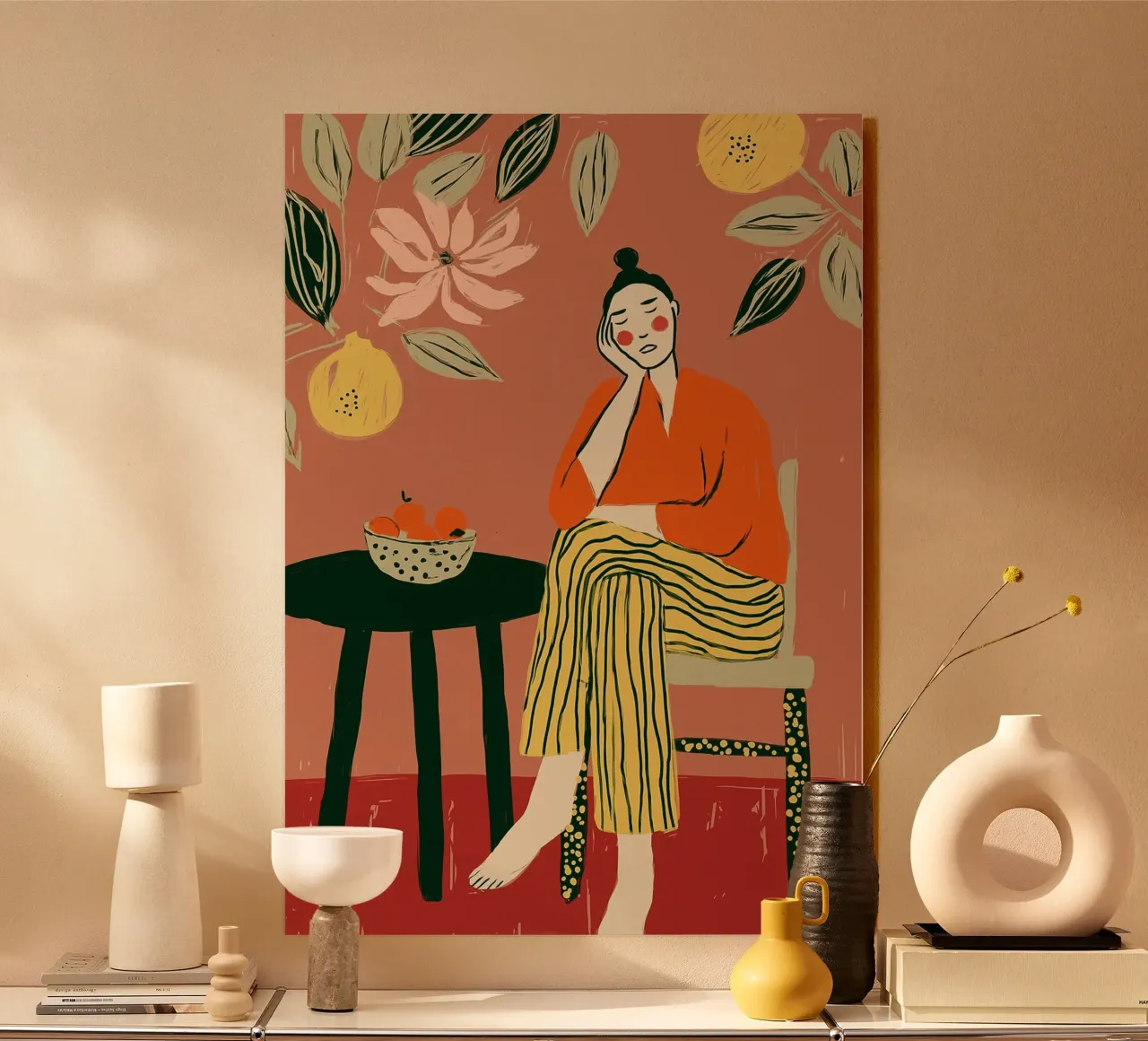 Boho vrouw rustend - Interieur botanische scène acryl van vintagepod