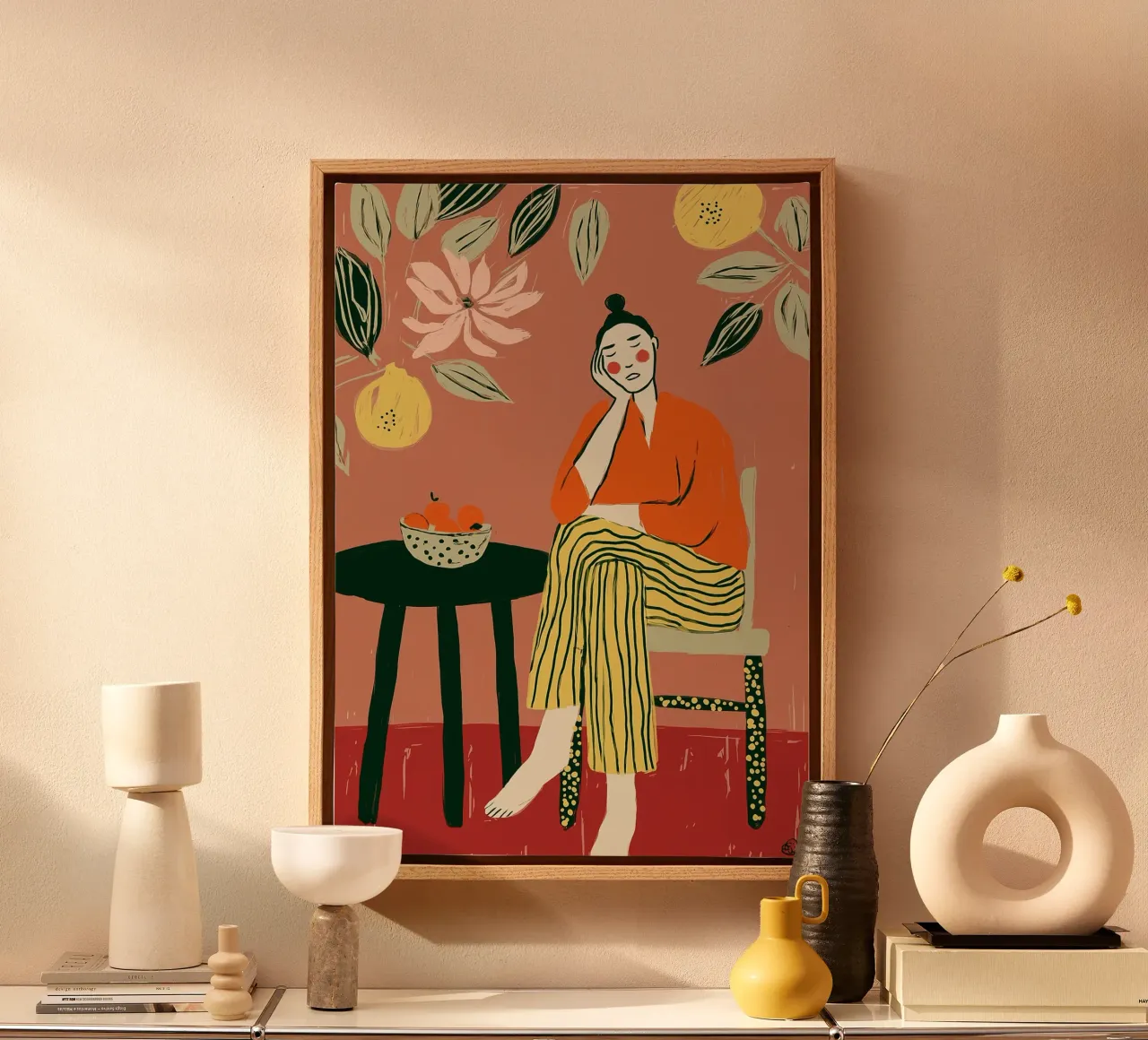 Boho Woman Resting - Interieur botanische Szene Leinwand mit Schattenfugenrahmen von vintagepod