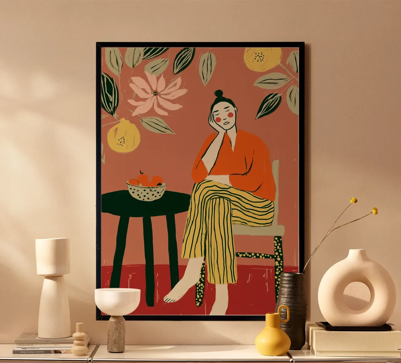 Boho vrouw rustend - Interieur botanische scène hahnemühle van vintagepod