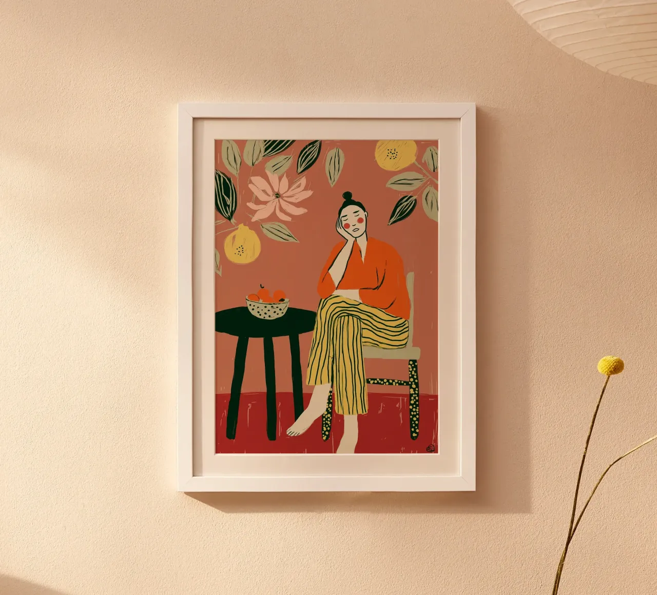 Boho vrouw rustend - Interieur botanische scène hahnemühle van vintagepod