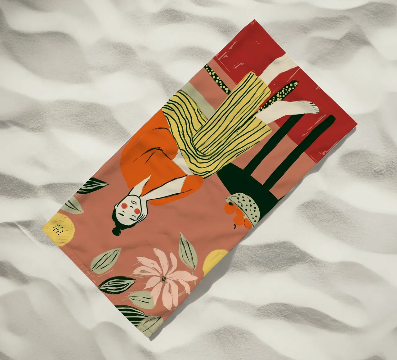 Boho vrouw rustend - Interieur botanische scène strandhanddoek van vintagepod
