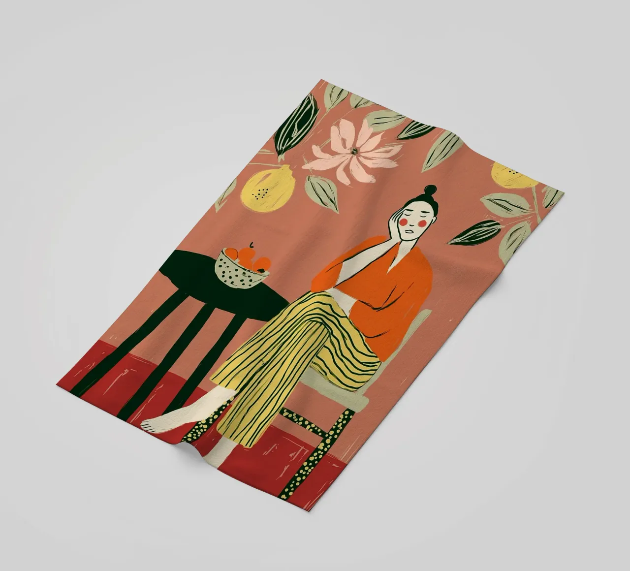 Boho vrouw rustend - Interieur botanische scène strandhanddoek van vintagepod