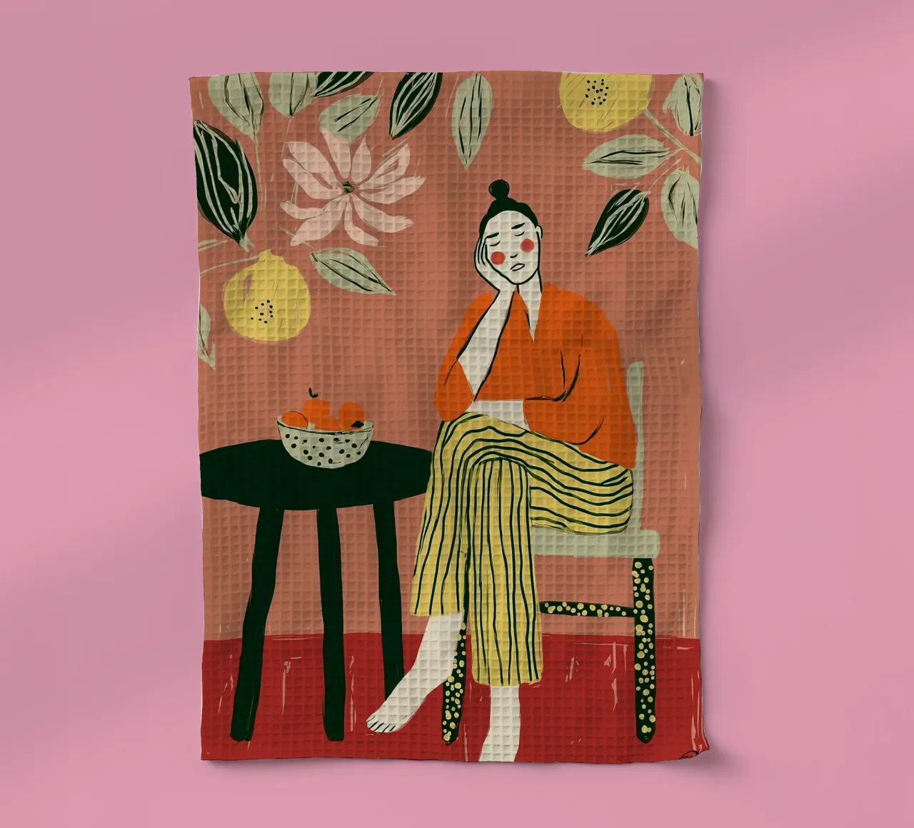 Boho vrouw rustend - Interieur botanische scène theedoek van vintagepod