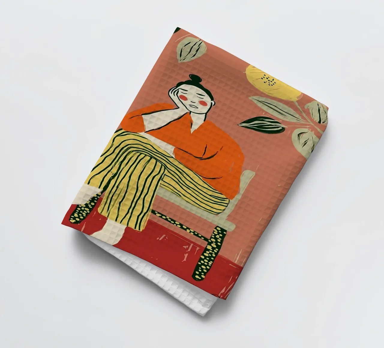 Boho vrouw rustend - Interieur botanische scène theedoek van vintagepod