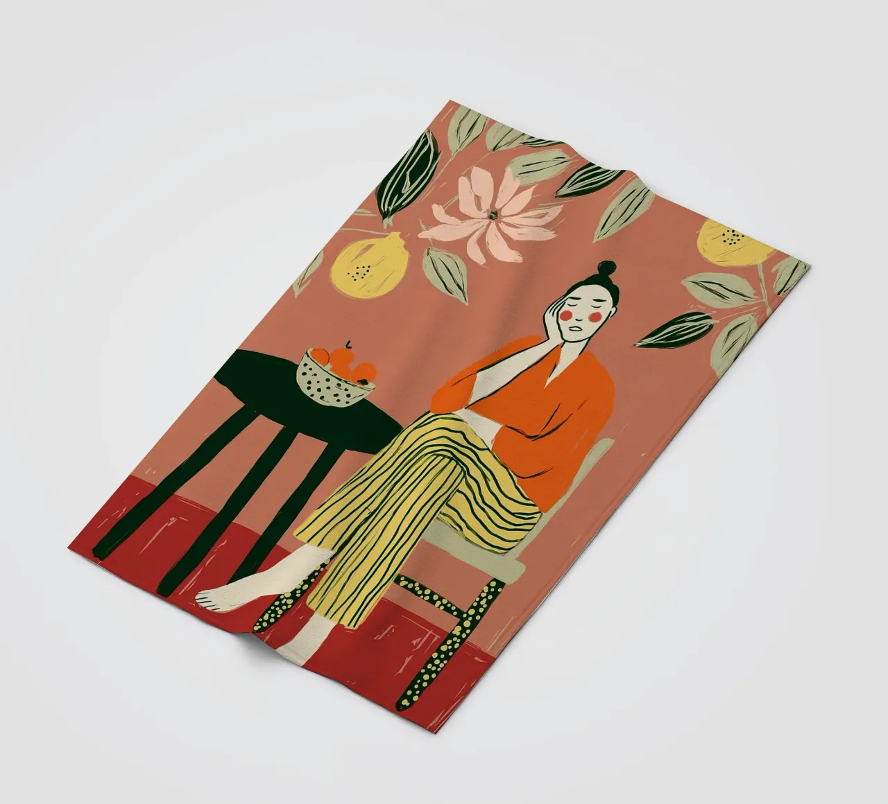 Boho vrouw rustend - Interieur botanische scène fleecedeken van vintagepod